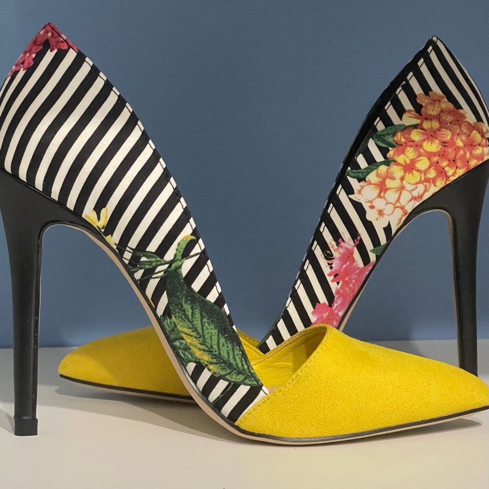 Brand New Yellow Floral Striped Women's Heels